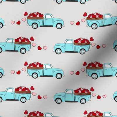 light blue vintage truck with hearts - valentines day - grey