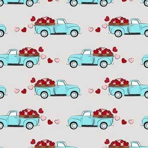 light blue vintage truck with hearts - valentines day - grey