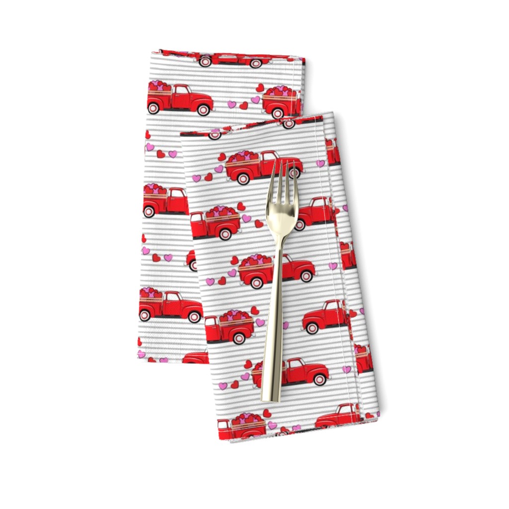 red vintage truck with hearts - valentines day - grey stripes