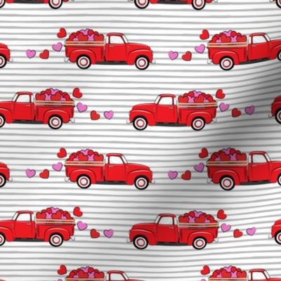 red vintage truck with hearts - valentines day - grey stripes