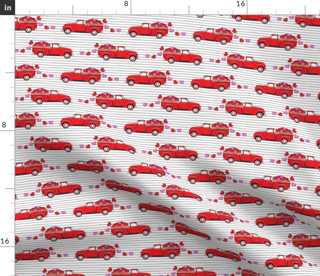 red vintage truck with hearts - valentines day - grey stripes