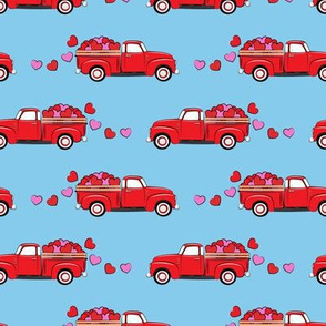 red vintage truck with hearts - valentines day - blue