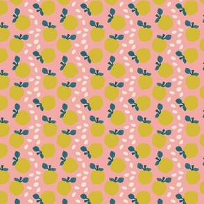 Cute green apples pattern on a salmon pink background. 