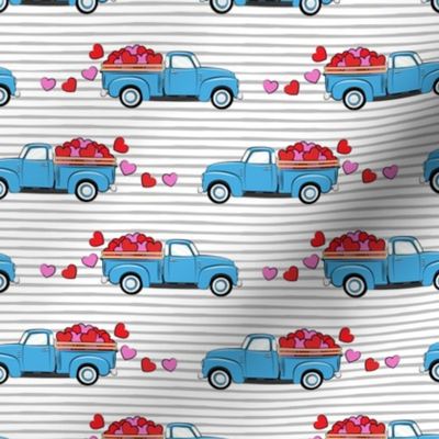 blue vintage truck with hearts - valentines day - grey stripes
