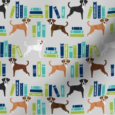 Boxer dog fabric, dog library fabric, dog and books fabric, cute dog fabric, boxer dogs