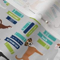 Boxer dog fabric, dog library fabric, dog and books fabric, cute dog fabric, boxer dogs