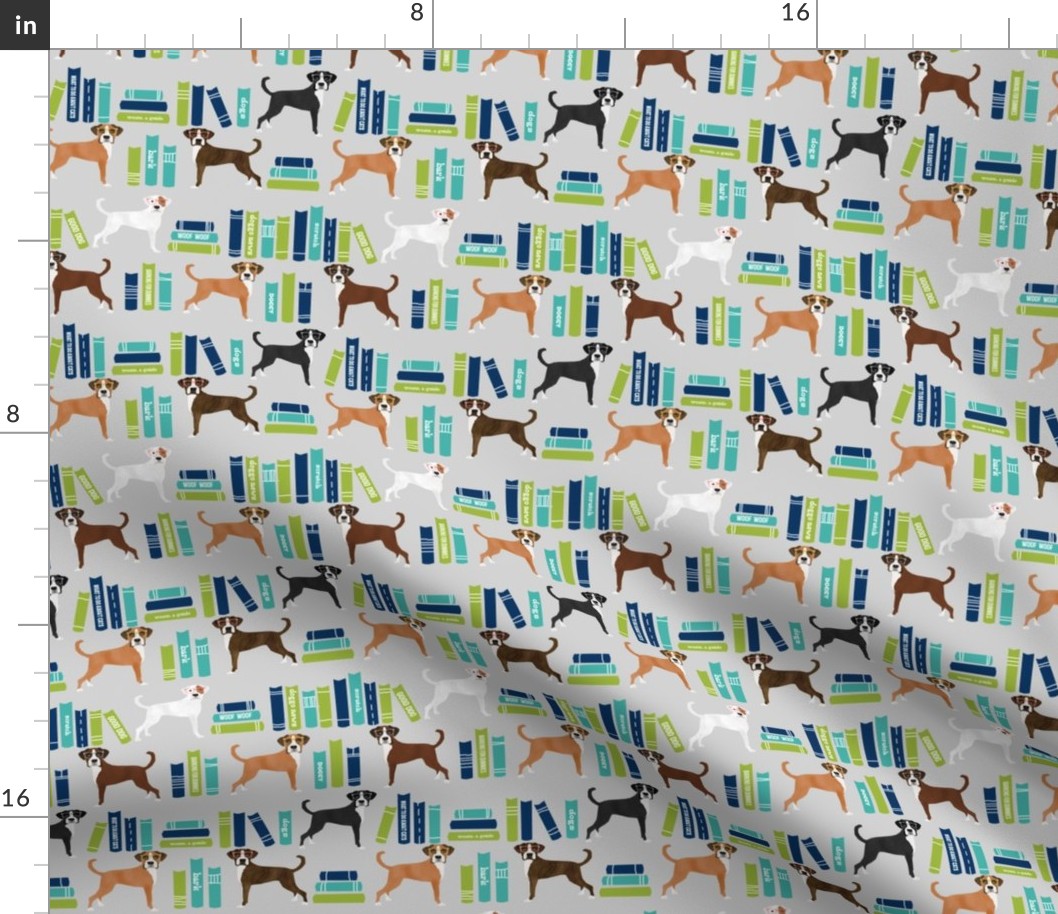 Boxer dog fabric, dog library fabric, dog and books fabric, cute dog fabric, boxer dogs