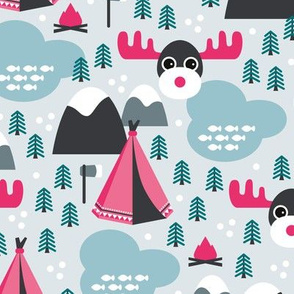 Little moose adventures woodland pine trees and wanderlust Canada theme for kids pink girls