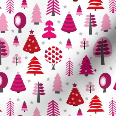 Colorful christmas tree forest and starry night happy holidays pink