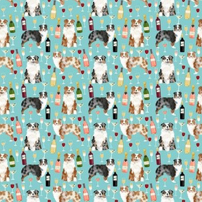 SMALL  - australian shepherd dog fabric dogs and wine design - red merle and blue merle dogs - light blue