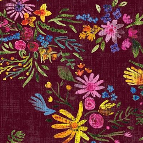 Lush Floral Watercolor - Distressed - Deep Burgundy