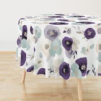 Dk Purple//Teal//Silver Watercolor Flowers - Large Scale