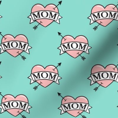 mom heart tattoo - pink on teal