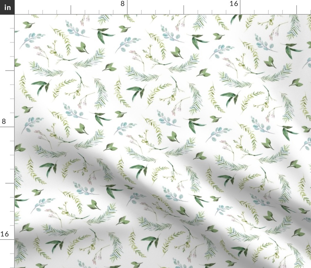 Green Leaves Eucalyptus and Blush Pink Blossom Pattern | Summer Greenery Collection K075