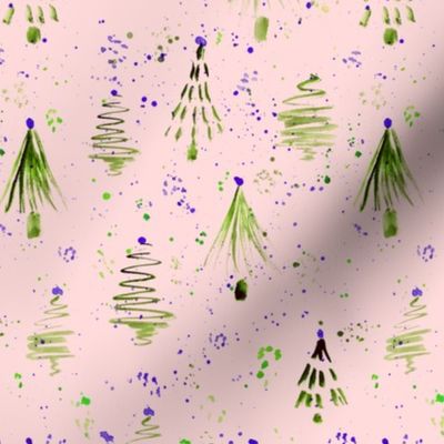 Firs and confetti in green and pink || watercolor christmas pattern