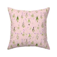 Firs and confetti in green and pink || watercolor christmas pattern