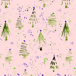 Firs and confetti in green and pink || watercolor christmas pattern