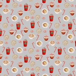 SMALL - watercolor peppermint latte, coffee and donuts, christmas, xmas, holiday fabric, candy cane - grey