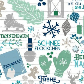 German Christmas Traditions in Turquoise, Navy, & Mint Green // Frohe Weihnachten! // Christmas Trees, Carols, Greetings, Gluehwein, Mittens, Bells, Gingerbread, Lebkuchen, Ice Skates
