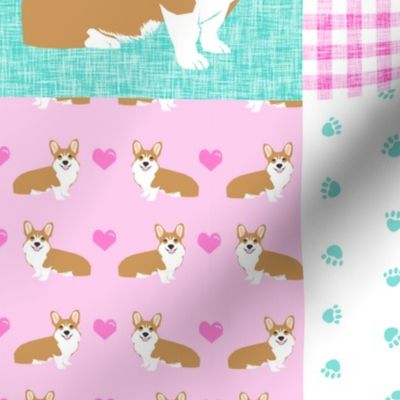 corgi love quilt - valentines cheater quilt, love dog, dog quilt, patchwork fabric, cheater quilt design - pink and mint,