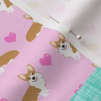 corgi love quilt - valentines cheater quilt, love dog, dog quilt, patchwork fabric, cheater quilt design - pink and mint,