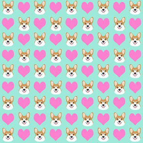 valentines corgi - cute dog fabric, valentines love fabric, dog fabric, corgi fabric, corgis fabric - mint and pink