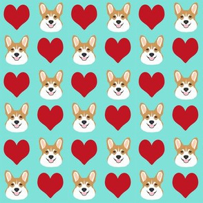 valentines corgi - cute dog fabric, valentines love fabric, dog fabric, corgi fabric, corgis fabric - mint and red