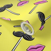 Mustache & lips kisses lollipops - valentines candy suckers - yellow