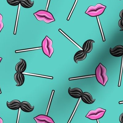 Mustache & lips kisses lollipops - valentines candy suckers - teal