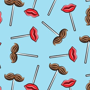Mustache & lips kisses lollipops - valentines candy suckers - blue