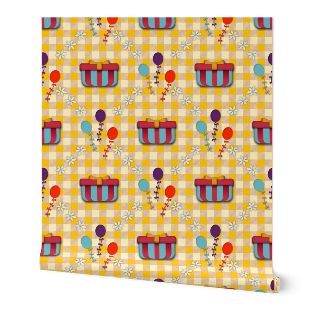 Sunshine Yellow Birthday Party Table linen, Gingham Check Floral Design, White Daisy Flowers, Balloons and Presents