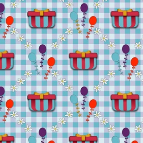 Birthday Party Pattern, White Daisy Flowers, Balloons and Presents, Blue Gingham Check Floral Design