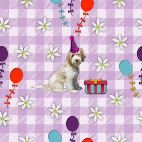 Labradoodle Dog Lovers Pink Gingham Check Floral Picnic Party Pattern, White Daisy Flowers, Balloons and Presents