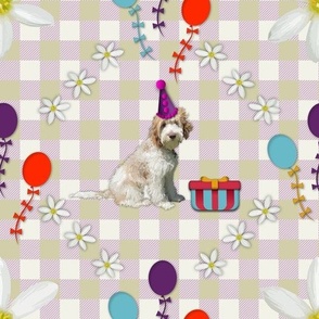 Pet Dog Lovers Birthday Picnic Party Pattern, Pastel Gingham Check Floral, White Daisy Flowers, Balloons and Presents