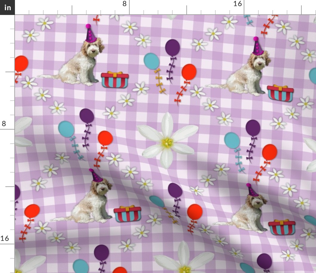 Cute Labradoodle Pet Dog Lovers Picnic Party Pattern, Pink Gingham Check Floral, White Daisy Flowers, Balloons and Presents