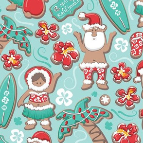 Normal scale // Mele Kalikimaka Hawaiian Christmas gingerbread cookies // aqua background aqua holiday cookies
