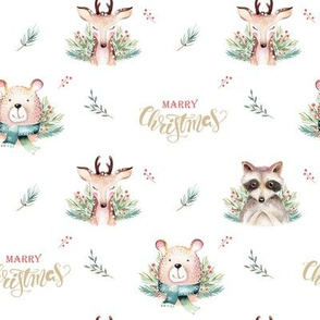 Watercolor new year holidays forest  cute animals: baby deer, raccoon and bear 