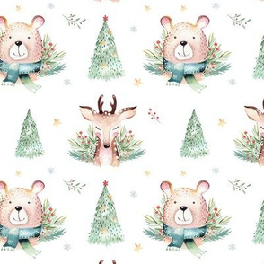 Watercolor new year holidays forest  cute animals: baby deerand bear 