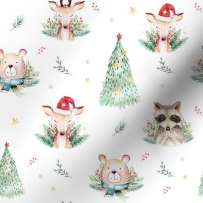 Watercolor new year holidays forest  cute animals: baby deer, raccoon and bear 