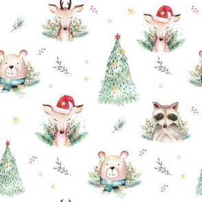 Watercolor new year holidays forest  cute animals: baby deer, raccoon and bear 