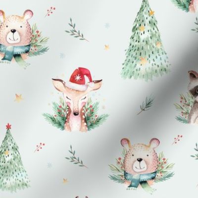 Watercolor new year holidays forest  cute animals: baby deer, raccoon and bear 