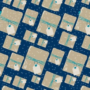 Holiday Packages + Presents in Royal + Turquoise // Brown Paper Packages Tied Up With String + Blank Tags with Snow Flurry Background
