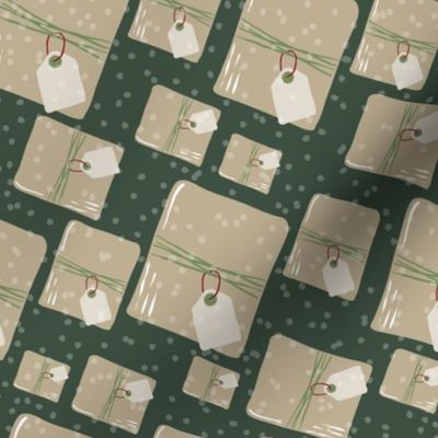 Holiday Packages + Presents in Evergreen // Brown Paper Packages Tied Up With String + Blank Tags with Snow Flurry Background