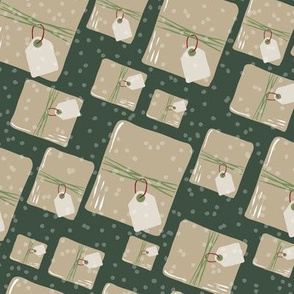 Holiday Packages + Presents in Evergreen // Brown Paper Packages Tied Up With String + Blank Tags with Snow Flurry Background