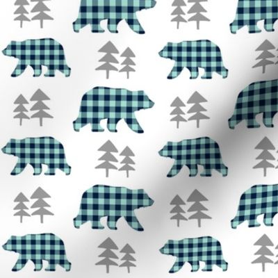 Bear Walk & Pine Trees - Navy + Mint Plaid, Gray Trees