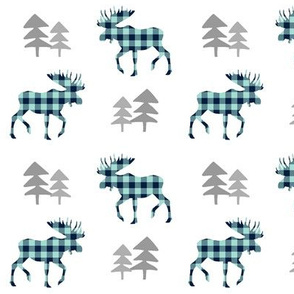 Moose Walk & Pine Trees - Navy + Mint Plaid, Gray Trees