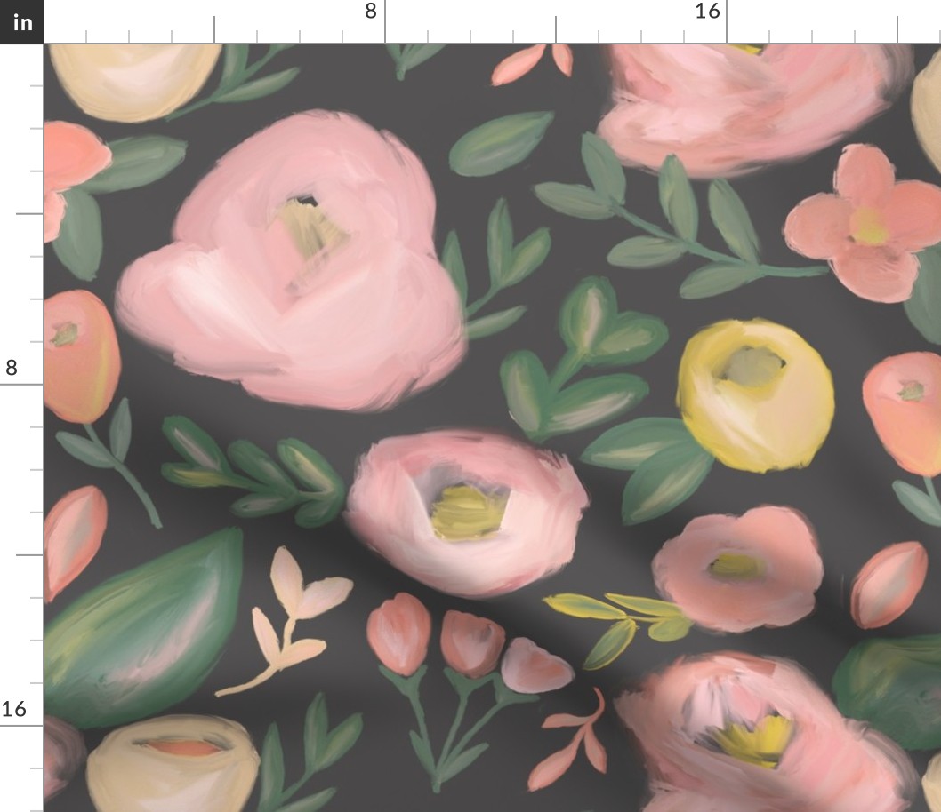 Peach Abstract Florals  on charcoal