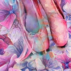 large BALLET SHOES ON A FLOWER BED RAINBOW watercolor
