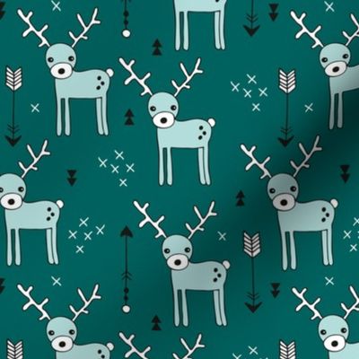 Adorable woodland reindeer and arrows christmas illustration kids pattern design in soft winter blue teal