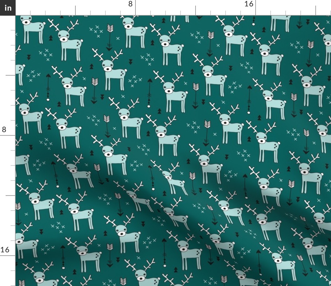 Adorable woodland reindeer and arrows christmas illustration kids pattern design in soft winter blue teal